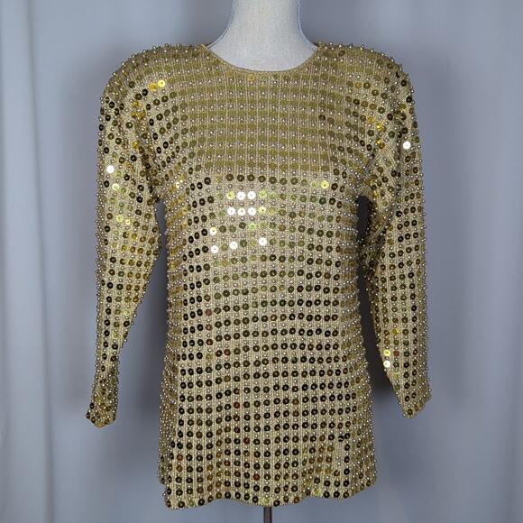 1980s Vintage Adrienne Vittadini Wool Blend Sequin Sweater Gold Size Small - Picture 14 of 14